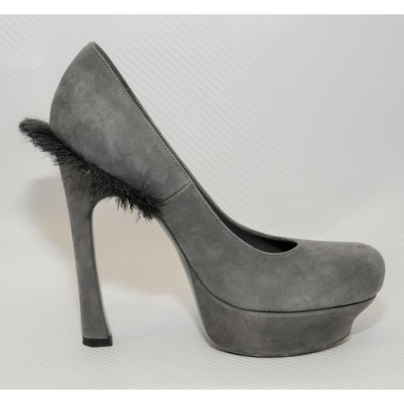 YSL Yves Saint Laurent Palais Mohawk Goat Fur Suede Platform Pump Gray 38/8 - Picture 5 of 11